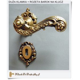 Duża mosiężna klamka do drzwi wewnętrznych + Rozeta na klucz (Patyna- Poler)