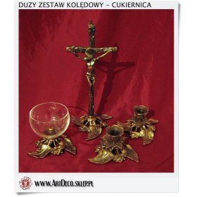 Duży mosiężny zestaw kolędowy z kropielnicą - cukiernicą