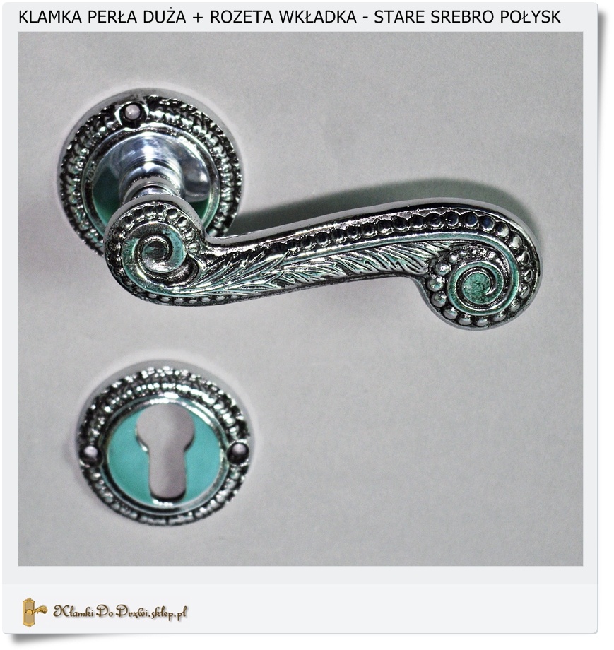  Klamki Perla duża + Rozeta wkładka Stare srebro połysk 