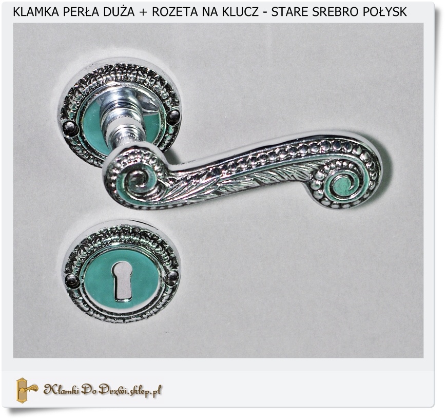  Klamki Perla duża + Rozeta klucz z piórem Stare srebro Połysk