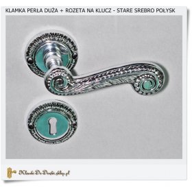 Klamki Perla duża + Rozeta klucz z piórem Stare srebro Połysk