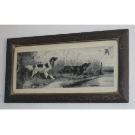 Obrazek przedstawiający Polujące psy  + reprodukcja litografia w stylu retro
