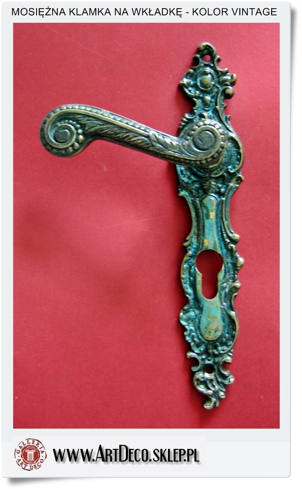  Mosiężna stylowa francuska klamka z szyldem na patent (Vintage)