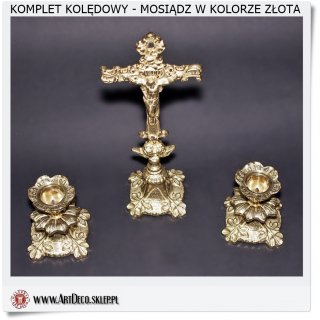 Mosiężny komplet kolędowy Krzyż i 2 świeczniki Polski producent