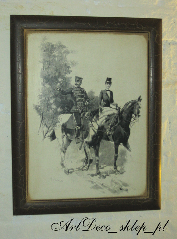  Obrazek retro Żołnierz z ukochaną na koniach